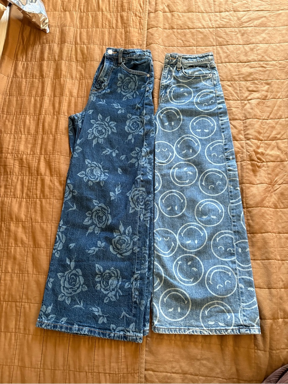 H&M Blue Floral & Smiley Wide-Leg Jeans